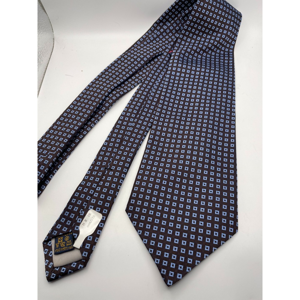 Richel Mens Silk Necktie Brown Blue Geometric Square Pattern Bill Walker Tie